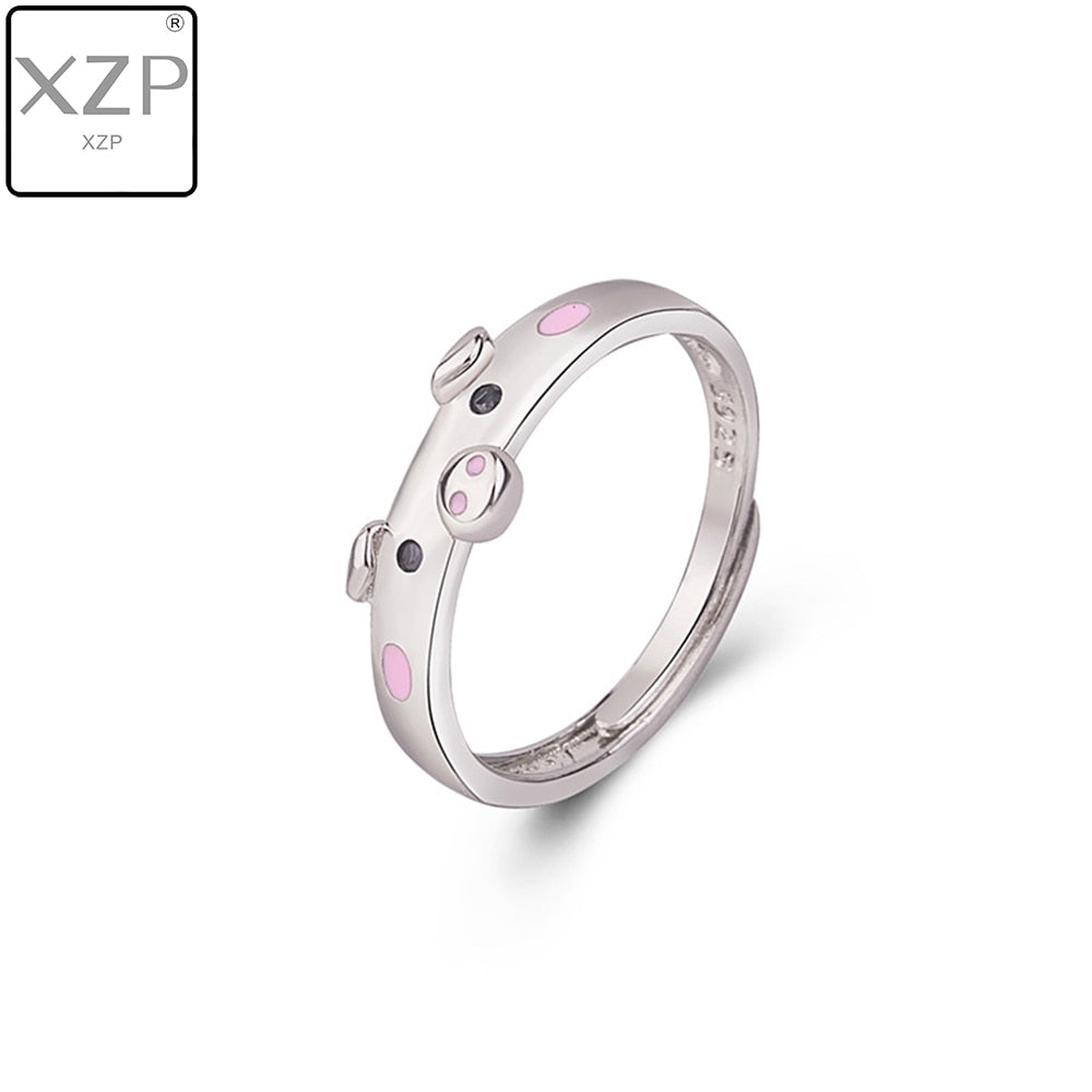 XZP S925 Cute Pink Enamel Pig Rings Popular Lucky Piggy Animal Couple Opening Ring Women Man Jewelry Lover Gift Adjustable