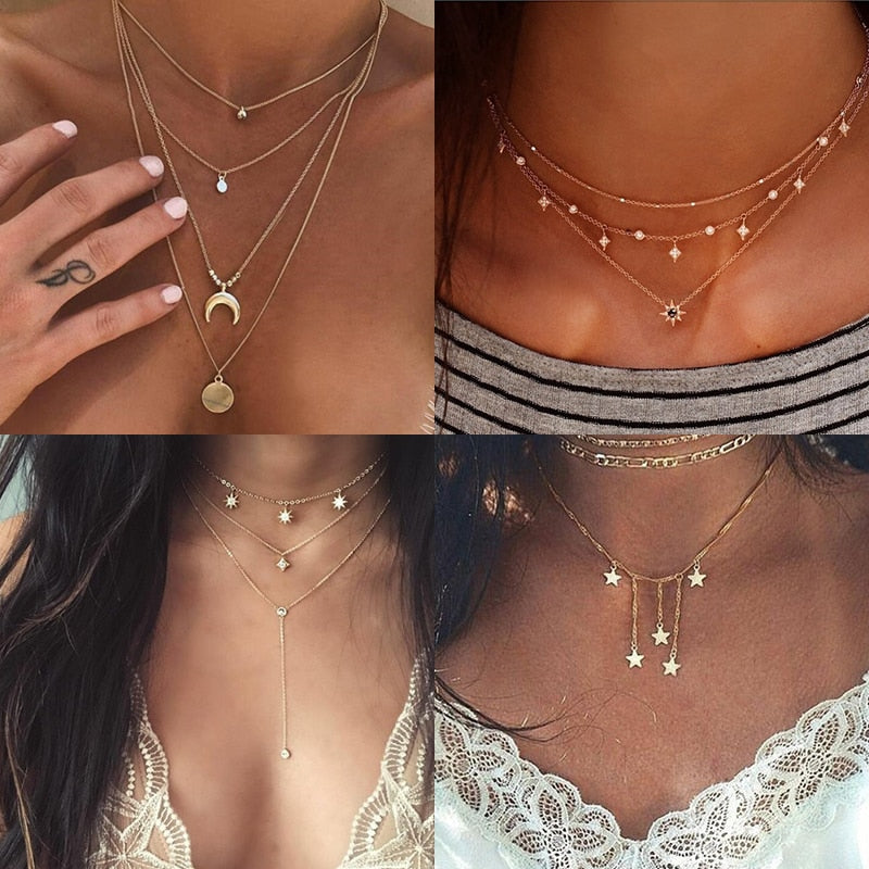 Boho Necklaces & Pendants For Women Vintage Cross Round Necklace Fashion Multi-layer Chain Jewelry Collier Bijoux Accessories