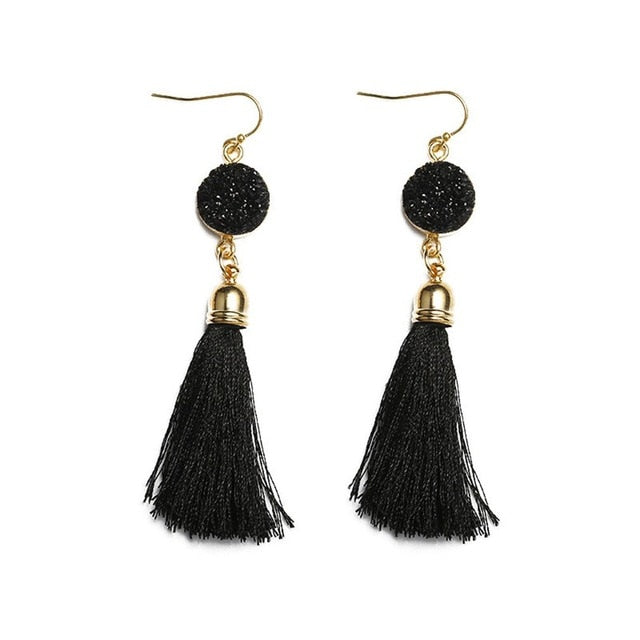 Bohemian Crystal Long Tassel Earrings Black Blue Red Pink Silk Fabric Drop Dangle Earrings Women Jewelry For Party Beach