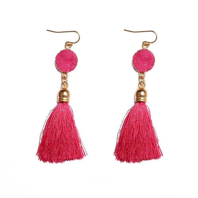 Bohemian Crystal Long Tassel Earrings Black Blue Red Pink Silk Fabric Drop Dangle Earrings Women Jewelry For Party Beach