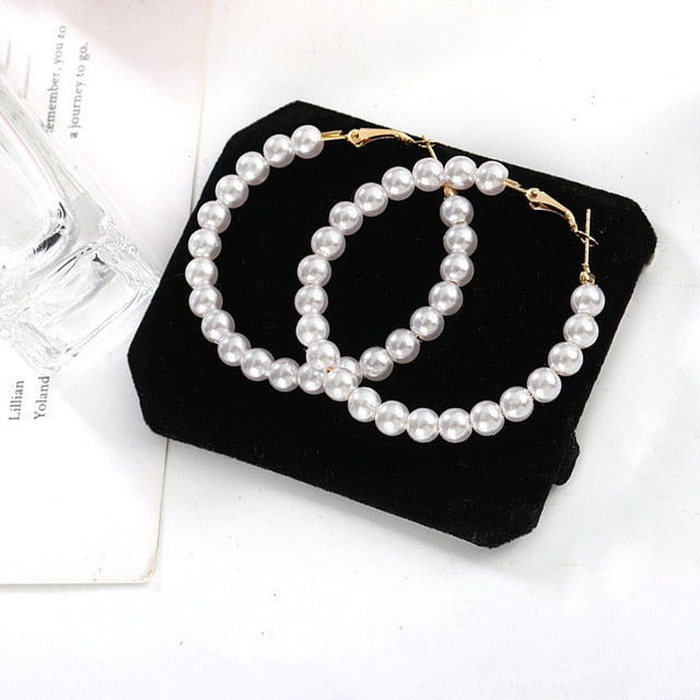 New Pearl Hoop Earrings For Women Exaggerates Oversize Pearl Circle Ear Dangle Earrings Fashion Europe Nightclub Jewelry