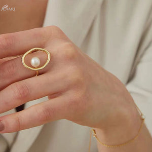 AOMU Fashion Girl Gift Metal Ring For Women Jewelry Geometric Round Ring Street Shoot Accessories Imitation Pearl Ring