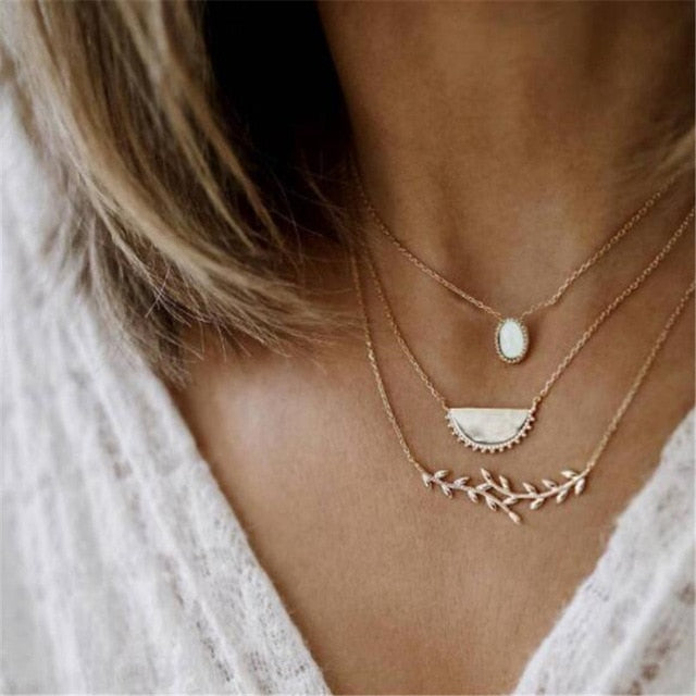 HuaTang Star Moon Pendant Necklace Boho Geometric Crystal Layered Necklaces for Women Girl Waterdrop Opal Collar Choker Jewelry