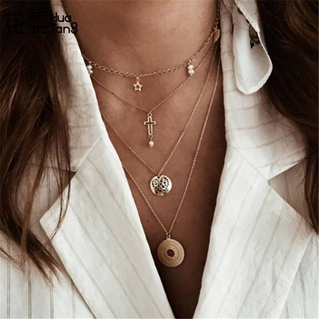 HuaTang Star Moon Pendant Necklace Boho Geometric Crystal Layered Necklaces for Women Girl Waterdrop Opal Collar Choker Jewelry