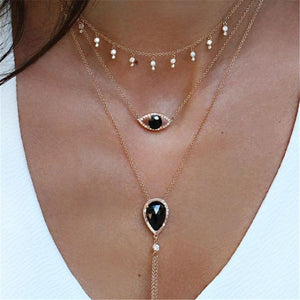 HuaTang Star Moon Pendant Necklace Boho Geometric Crystal Layered Necklaces for Women Girl Waterdrop Opal Collar Choker Jewelry