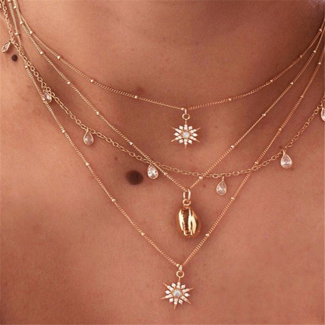 HuaTang Star Moon Pendant Necklace Boho Geometric Crystal Layered Necklaces for Women Girl Waterdrop Opal Collar Choker Jewelry