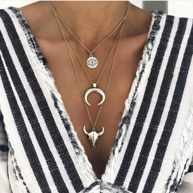 HuaTang Star Moon Pendant Necklace Boho Geometric Crystal Layered Necklaces for Women Girl Waterdrop Opal Collar Choker Jewelry