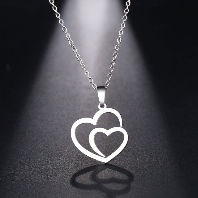 DOTIFI Stainless Steel Necklace For Women Man Hollow Double Heart Choker Pendant Necklace Engagement Jewelry