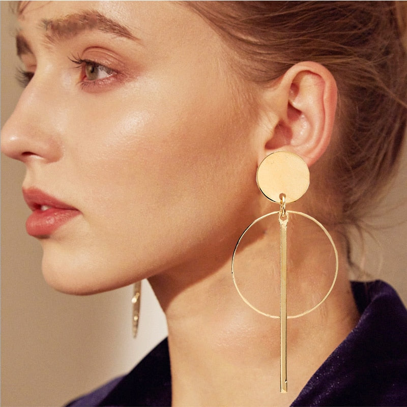 Simple fashion gold color Silver plated geometric Long Circle earrings for women fashion big hollow drop earrings jewelry