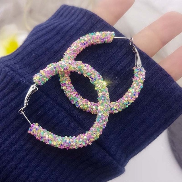 Women Simple New Design Fashion Charm Crystal Hoop Earrings Geometric Round Shiny Rhinestone Big Earring Jewelry