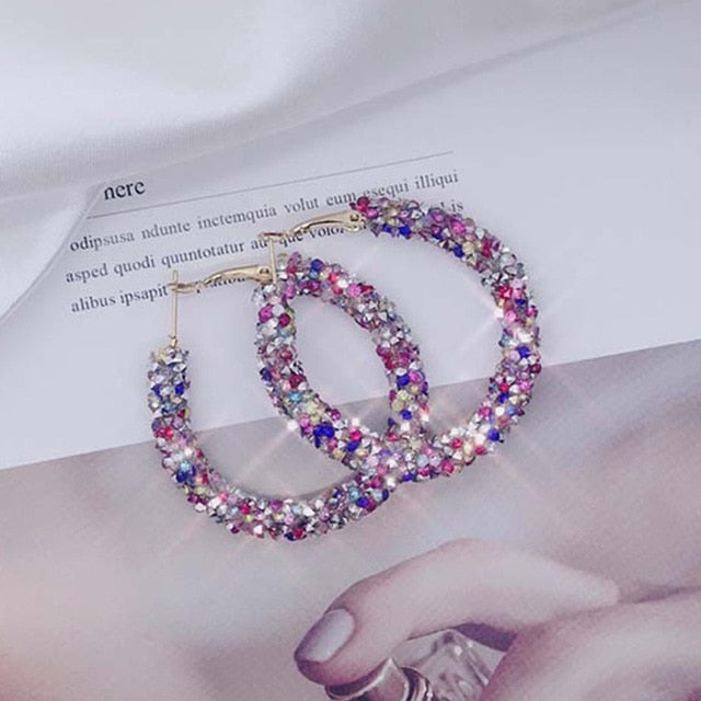 Women Simple New Design Fashion Charm Crystal Hoop Earrings Geometric Round Shiny Rhinestone Big Earring Jewelry