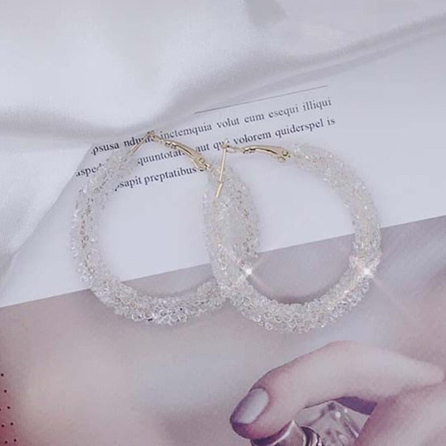 Women Simple New Design Fashion Charm Crystal Hoop Earrings Geometric Round Shiny Rhinestone Big Earring Jewelry