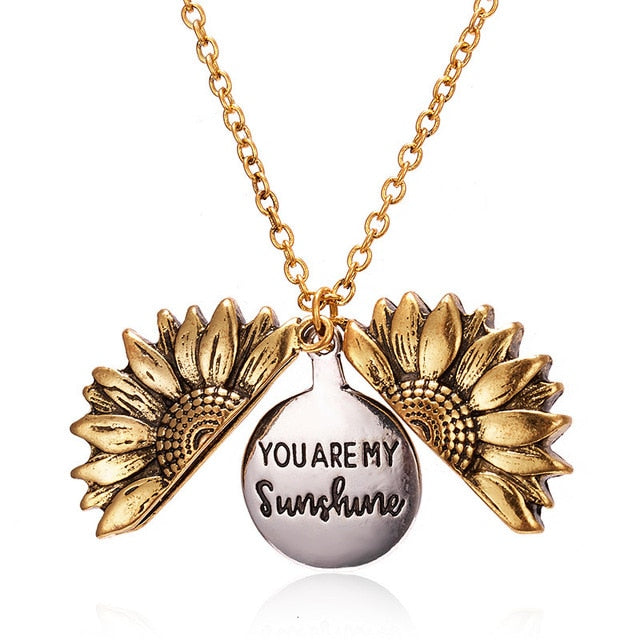 Fashion Women Sweater Chain Sunflower Necklace Open Locket You Are My Sunshine Pendant Necklace Resin Flower Girl Gift Jewelry