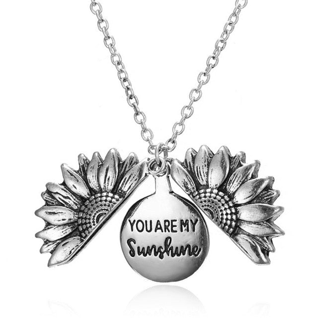 Fashion Women Sweater Chain Sunflower Necklace Open Locket You Are My Sunshine Pendant Necklace Resin Flower Girl Gift Jewelry