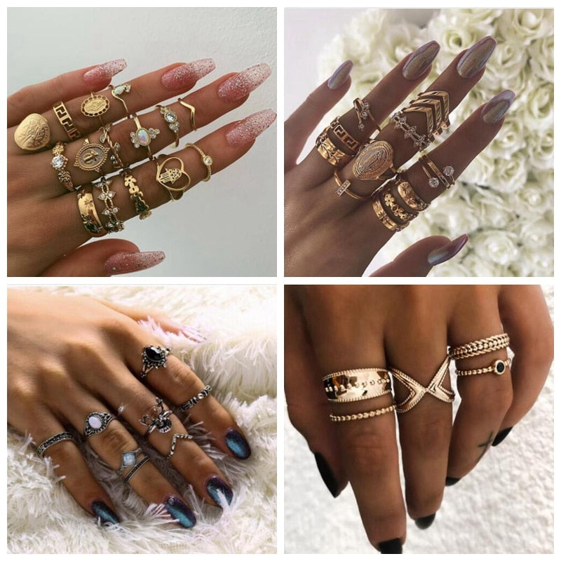 15 Pcs/ Set Bohemian Crystal Finger Ring Set Women Gold Color Flower Geometric Cross Charm Ring Party Jewelry Accessories Boho