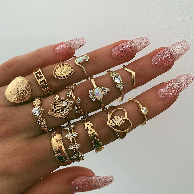 15 Pcs/ Set Bohemian Crystal Finger Ring Set Women Gold Color Flower Geometric Cross Charm Ring Party Jewelry Accessories Boho