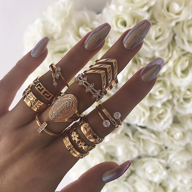 15 Pcs/ Set Bohemian Crystal Finger Ring Set Women Gold Color Flower Geometric Cross Charm Ring Party Jewelry Accessories Boho