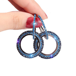 Hot Party Big Circle Drop Earrings for Women Simple Blue Rhinestone Double Round Geometric Pierced Earring Jewelry Gift 4 Colors