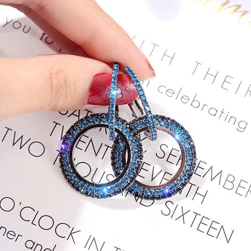 Hot Party Big Circle Drop Earrings for Women Simple Blue Rhinestone Double Round Geometric Pierced Earring Jewelry Gift 4 Colors