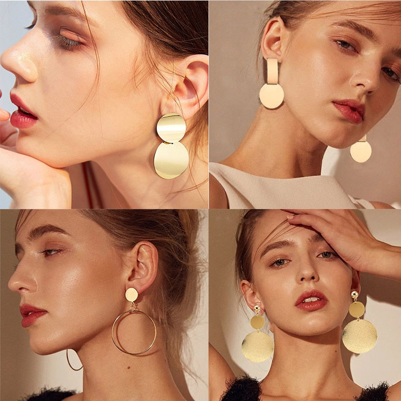 Fashion Earrings For Women Gold Metal Single Drop Dangle Earrings Vintage Statement Round Geometric Earring 2019 Fashion Jewelry