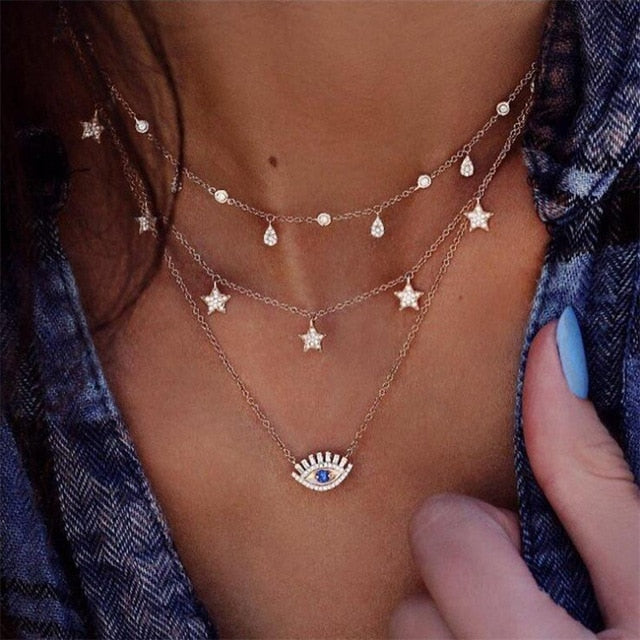 2019 new multi-layer crystal moon pendant necklace ladies retro charm necklace necklace party jewelry accessories