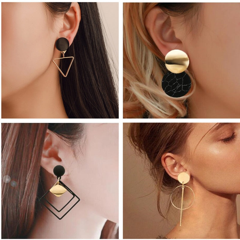 Korean Statement Black Acrylic Drop Earrings for Women 2019 Fashion Jewelry Vintage Geometric Gold Asymmetric Earring