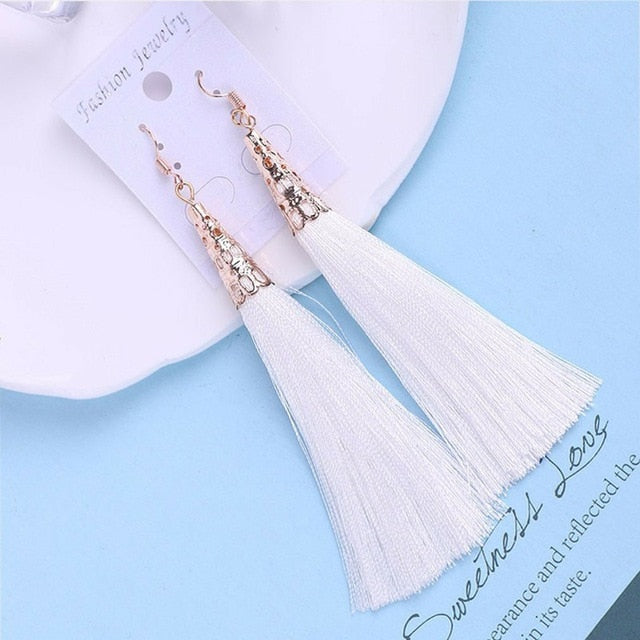 Bohemian Crystal Long Tassel Earrings Black Blue Red Pink Silk Fabric Drop Dangle Earrings Women Jewelry For Party Beach