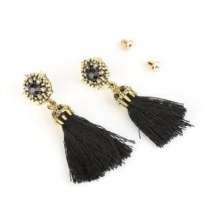 Bohemian Crystal Long Tassel Earrings Black Blue Red Pink Silk Fabric Drop Dangle Earrings Women Jewelry For Party Beach