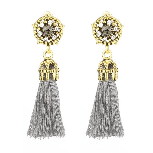 Bohemian Crystal Long Tassel Earrings Black Blue Red Pink Silk Fabric Drop Dangle Earrings Women Jewelry For Party Beach