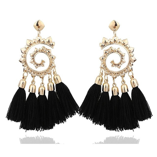 Bohemian Crystal Long Tassel Earrings Black Blue Red Pink Silk Fabric Drop Dangle Earrings Women Jewelry For Party Beach