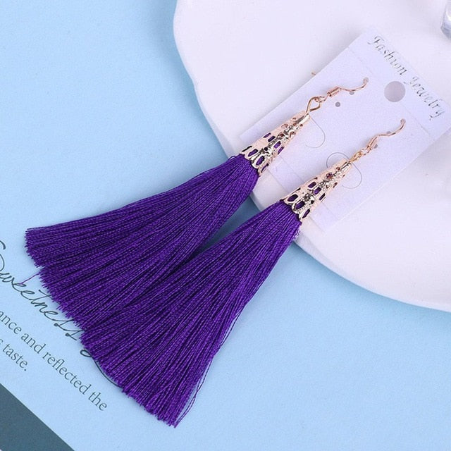 Bohemian Crystal Long Tassel Earrings Black Blue Red Pink Silk Fabric Drop Dangle Earrings Women Jewelry For Party Beach