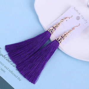 Bohemian Crystal Long Tassel Earrings Black Blue Red Pink Silk Fabric Drop Dangle Earrings Women Jewelry For Party Beach