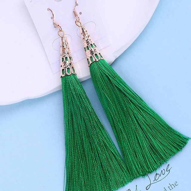 Bohemian Crystal Long Tassel Earrings Black Blue Red Pink Silk Fabric Drop Dangle Earrings Women Jewelry For Party Beach