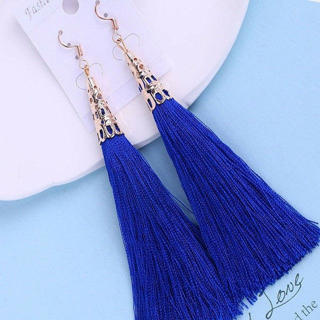 Bohemian Crystal Long Tassel Earrings Black Blue Red Pink Silk Fabric Drop Dangle Earrings Women Jewelry For Party Beach