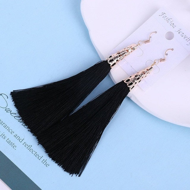 Bohemian Crystal Long Tassel Earrings Black Blue Red Pink Silk Fabric Drop Dangle Earrings Women Jewelry For Party Beach