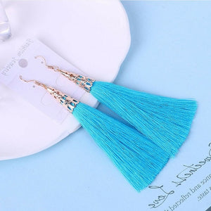 Bohemian Crystal Long Tassel Earrings Black Blue Red Pink Silk Fabric Drop Dangle Earrings Women Jewelry For Party Beach