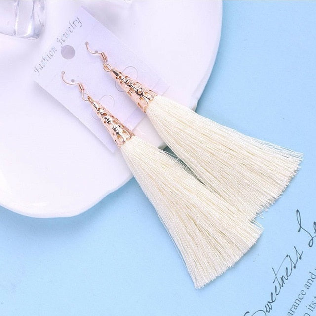 Bohemian Crystal Long Tassel Earrings Black Blue Red Pink Silk Fabric Drop Dangle Earrings Women Jewelry For Party Beach