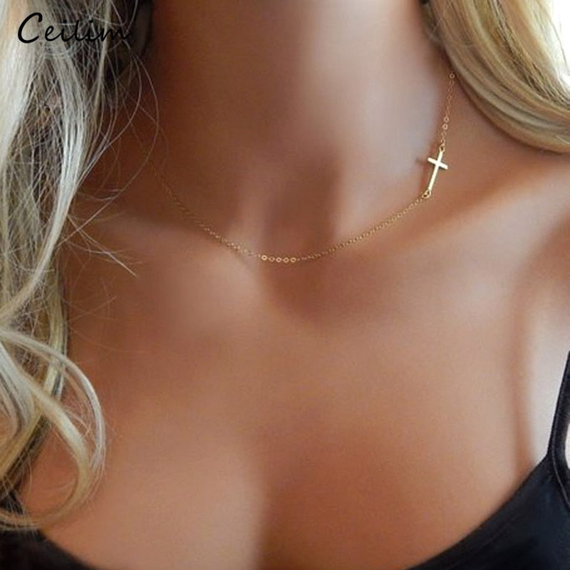 Simple Silver and Gold Color Cross Choker Necklace for Women Bohemian Stainless Steel Short Chain Necklace Summer Jewelry Collar