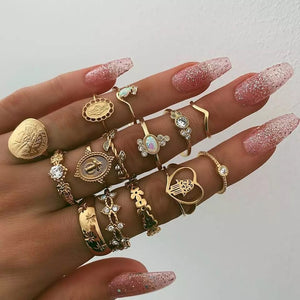 Tocona 15 Pcs/set Boho Rings for Women Fashion Heart Fatima Hands Anillos Virgin Mary Cross Leaf Geometric Kольцо Jewelry 7056