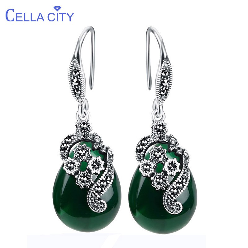 Cellacity Vintage Silver 925 Jewelry Water Drop Shaped Gemstones Earrings for Women Emerald Ruby Ear drops Temperament Party