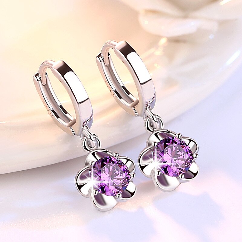 Fanqieliu Real 925 Sterling Silver Nail Hoop Drop Earrings Flower Purple Rhinestone Jewelry Fashion Earrings For Women FQL193217