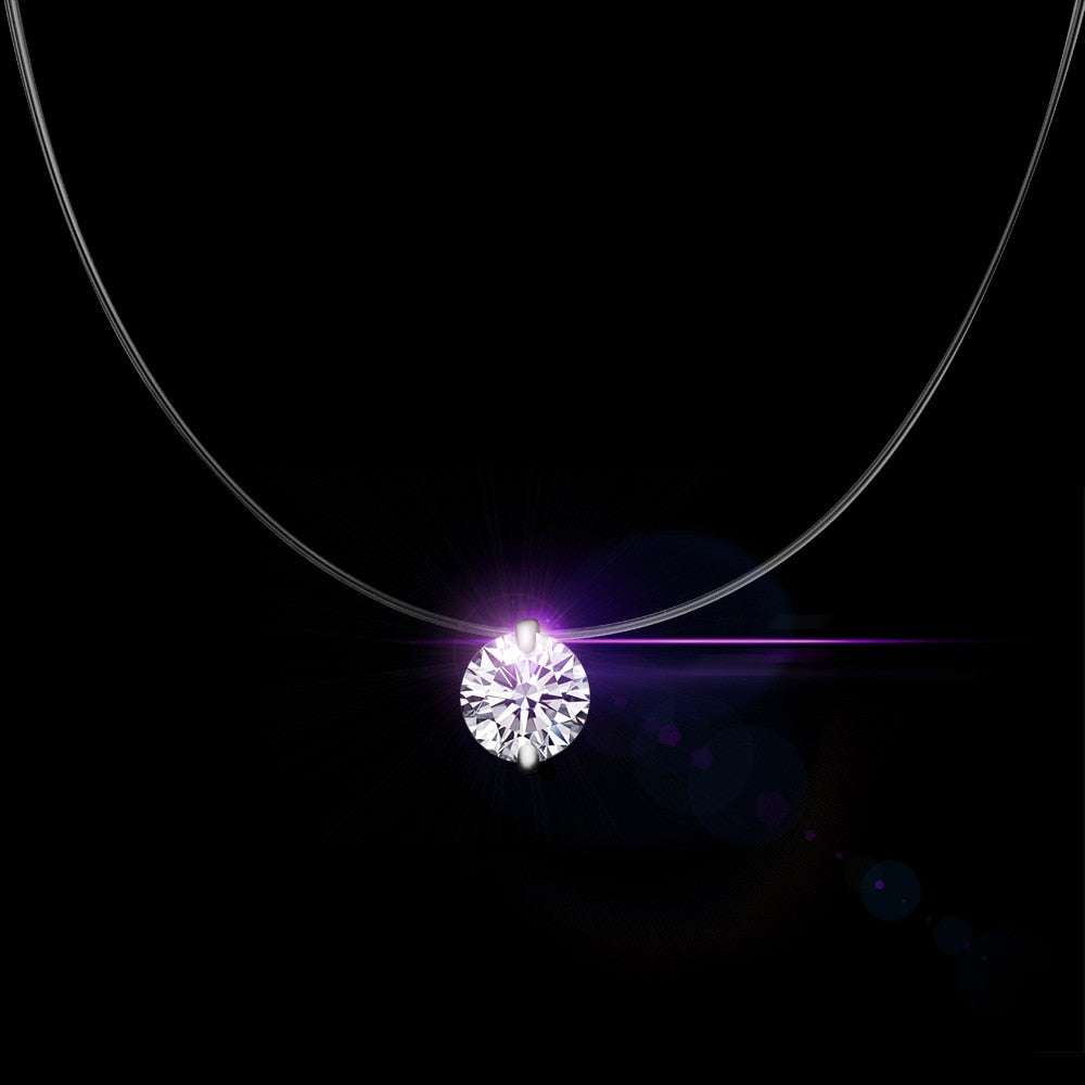 QCOOLJLY Silver Color Dazzling Zircon Necklace And Invisible Transparent Fishing Line Simple Pendant Necklace Jewelry For Women