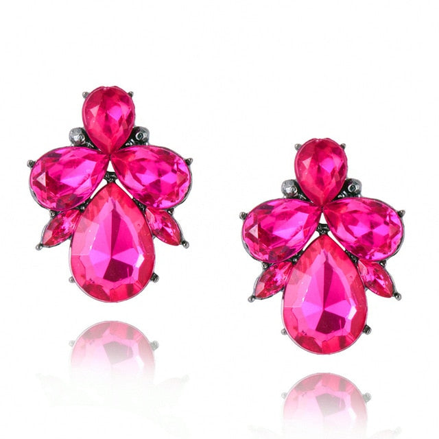 New Women's Fashion Crystal  Earrings Rhinestone RED / Pink Glass Black Resin Sweet Metal Leaf Ear Earrings For Girl e0139