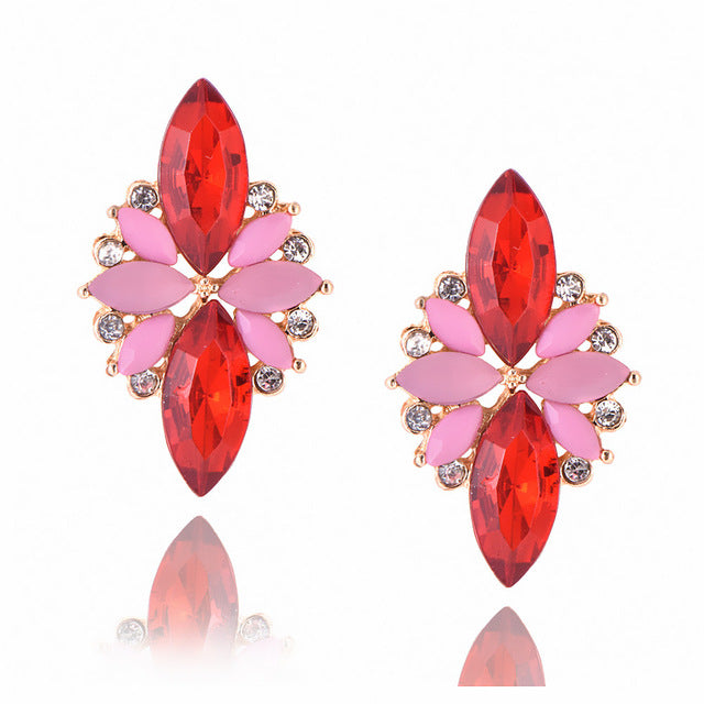 New Women's Fashion Crystal  Earrings Rhinestone RED / Pink Glass Black Resin Sweet Metal Leaf Ear Earrings For Girl e0139