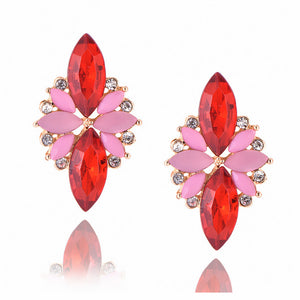 New Women's Fashion Crystal  Earrings Rhinestone RED / Pink Glass Black Resin Sweet Metal Leaf Ear Earrings For Girl e0139