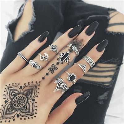 Tocona Vintage Antique Silver Rings Set Hollow Out Geometric Ring Sets Black Rhinestone Flower Knuckle Anillos Anel Ring 4839