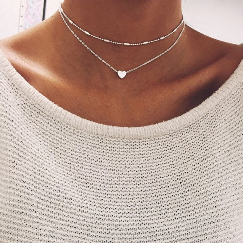 Fashion peach heart beads necklace women trinket silver gold chain choker jewelery pendant neckless woman layered necklaces J40