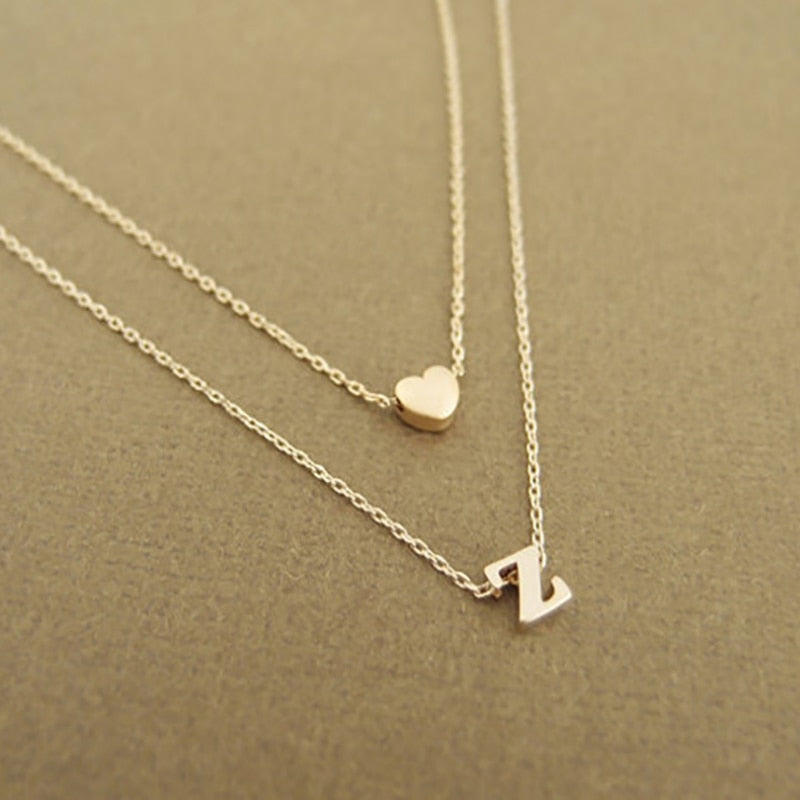 Fashion Tiny Heart Initial Double layer Necklace Personalized Initial Dainty Necklace 26 Letter Name Jewelry girlfriend gift