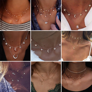 HuaTang Star Moon Pendant Necklace Boho Geometric Crystal Layered Necklaces for Women Girl Waterdrop Opal Collar Choker Jewelry