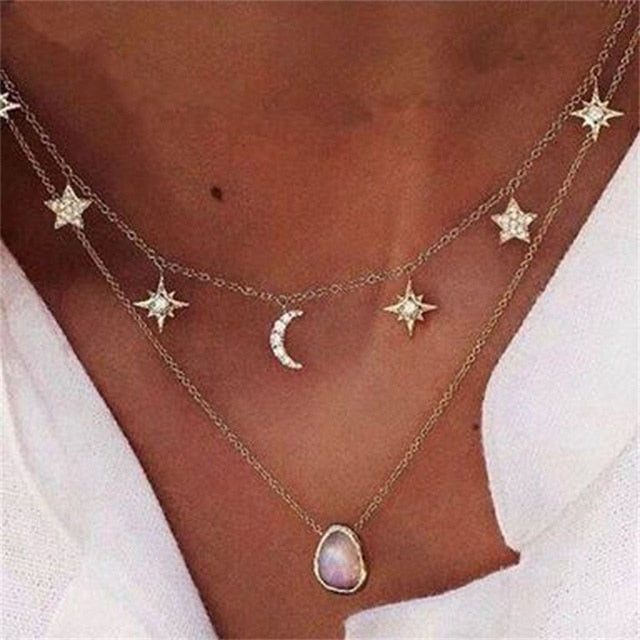 HuaTang Star Moon Pendant Necklace Boho Geometric Crystal Layered Necklaces for Women Girl Waterdrop Opal Collar Choker Jewelry